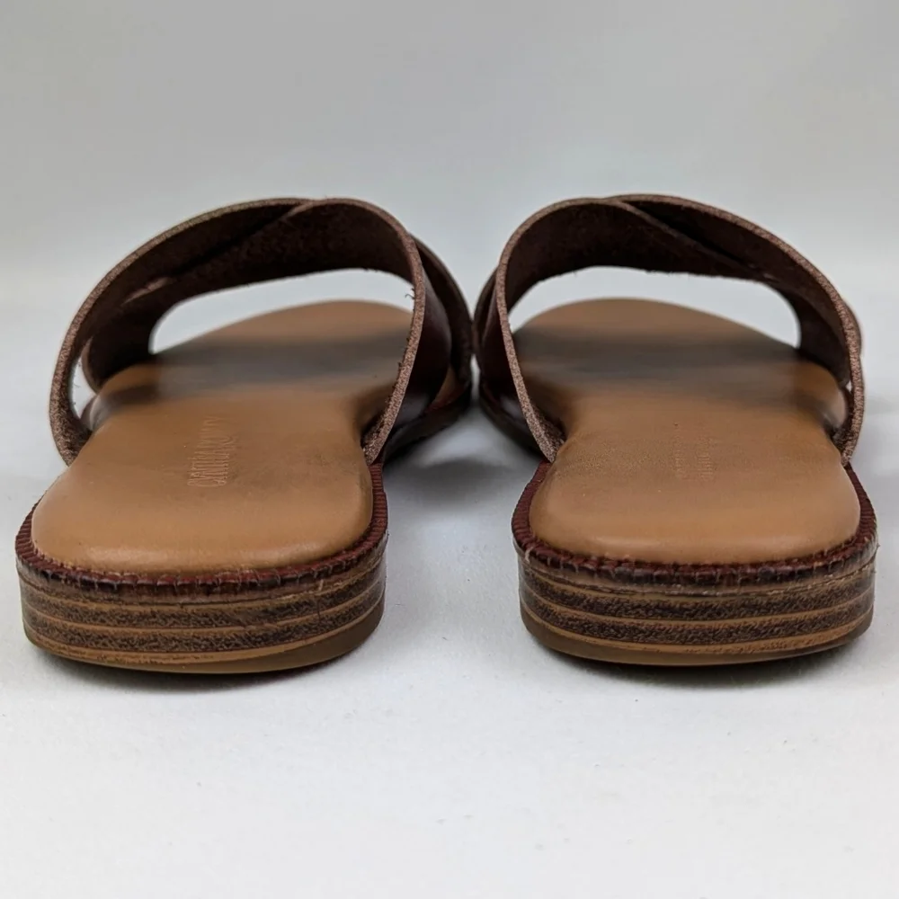 Cynthia Rowley Libra Sandals Wide Strap Criss Cross Vegan Boho Rustic Cognac 6.5